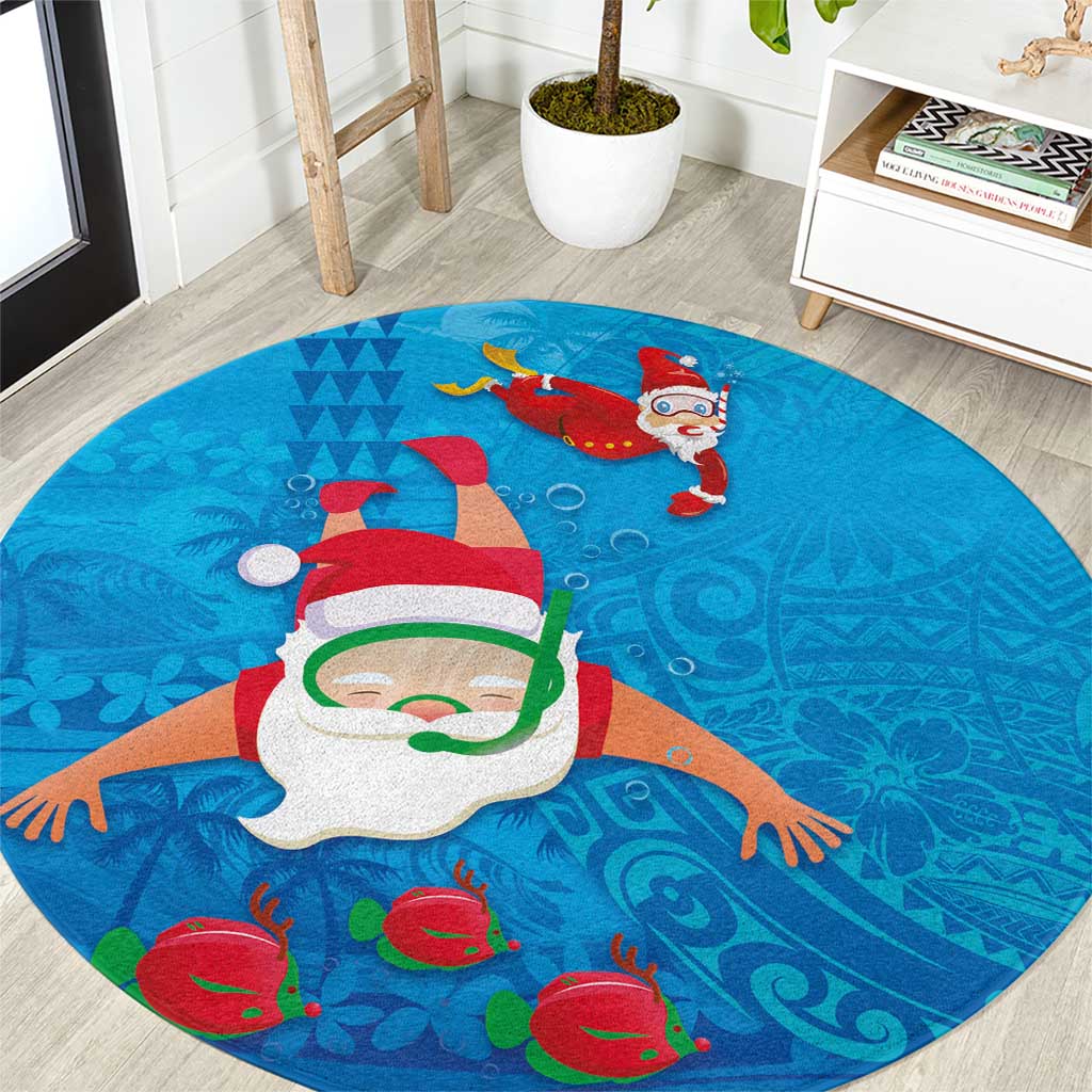 Hawaiian Santa Claus Snorkeling Round Carpet Kakau and Polynesian Pattern