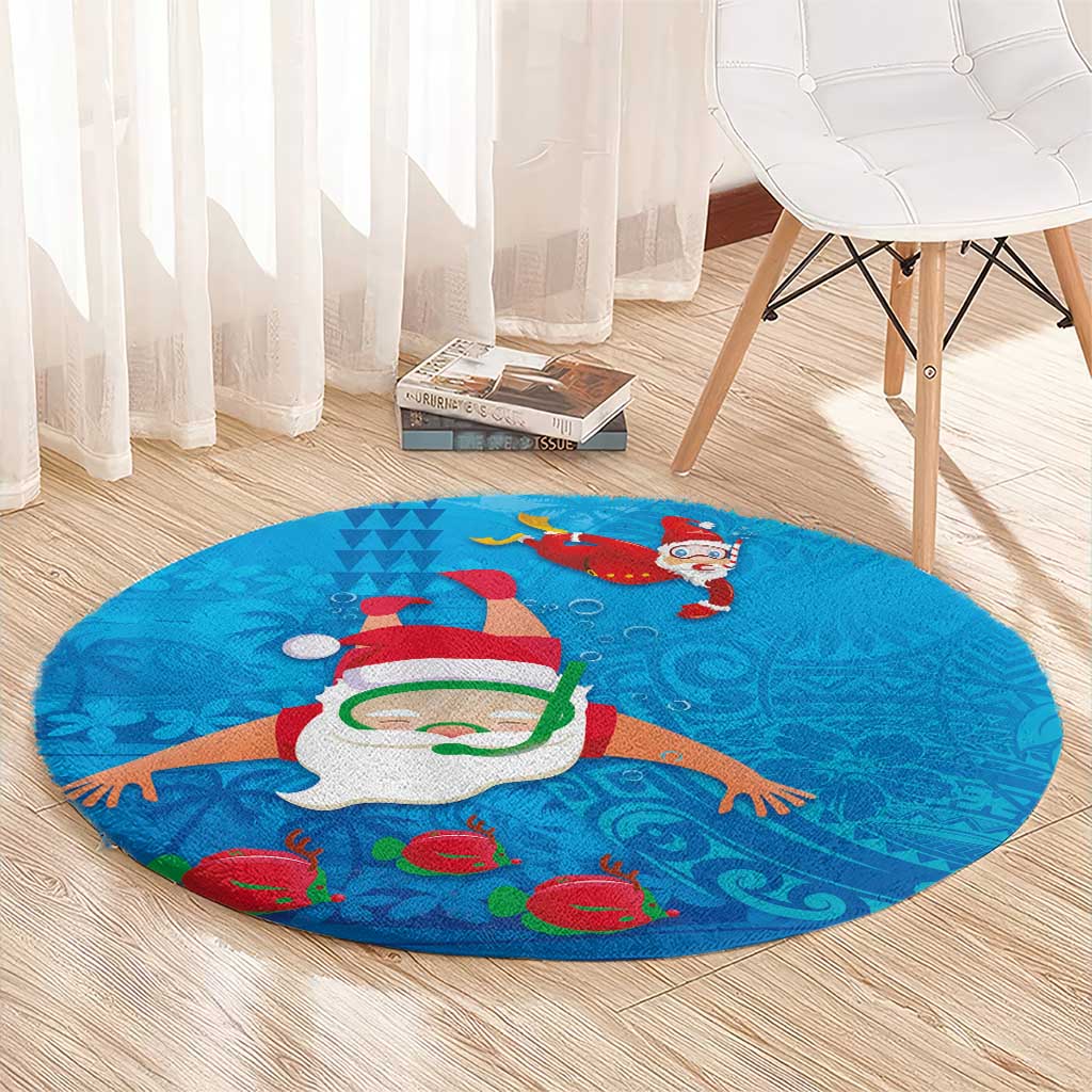 Hawaiian Santa Claus Snorkeling Round Carpet Kakau and Polynesian Pattern