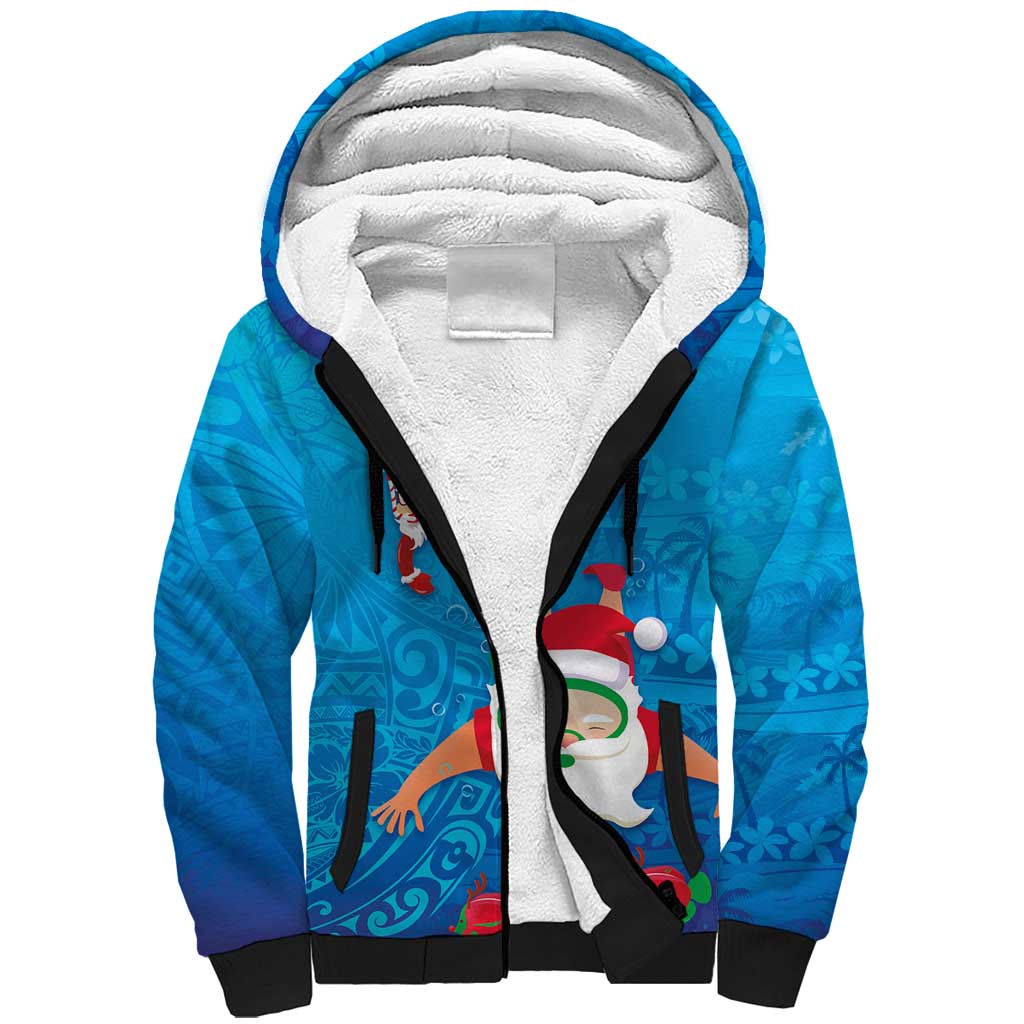 Hawaiian Santa Claus Snorkeling Sherpa Hoodie Kakau and Polynesian Pattern LT03 Unisex Blue - Polynesian Pride