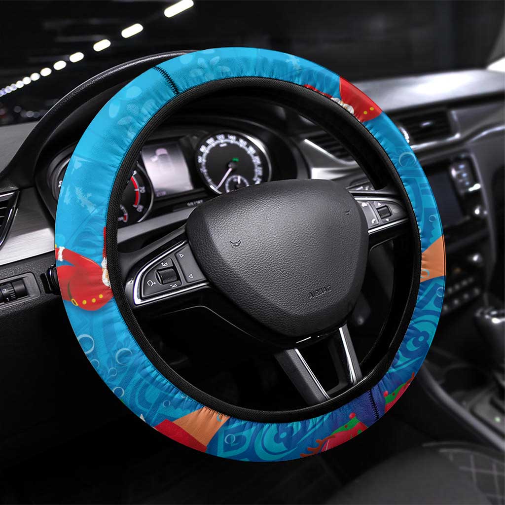 Hawaiian Santa Claus Snorkeling Steering Wheel Cover Kakau and Polynesian Pattern LT03 Universal Fit Blue - Polynesian Pride