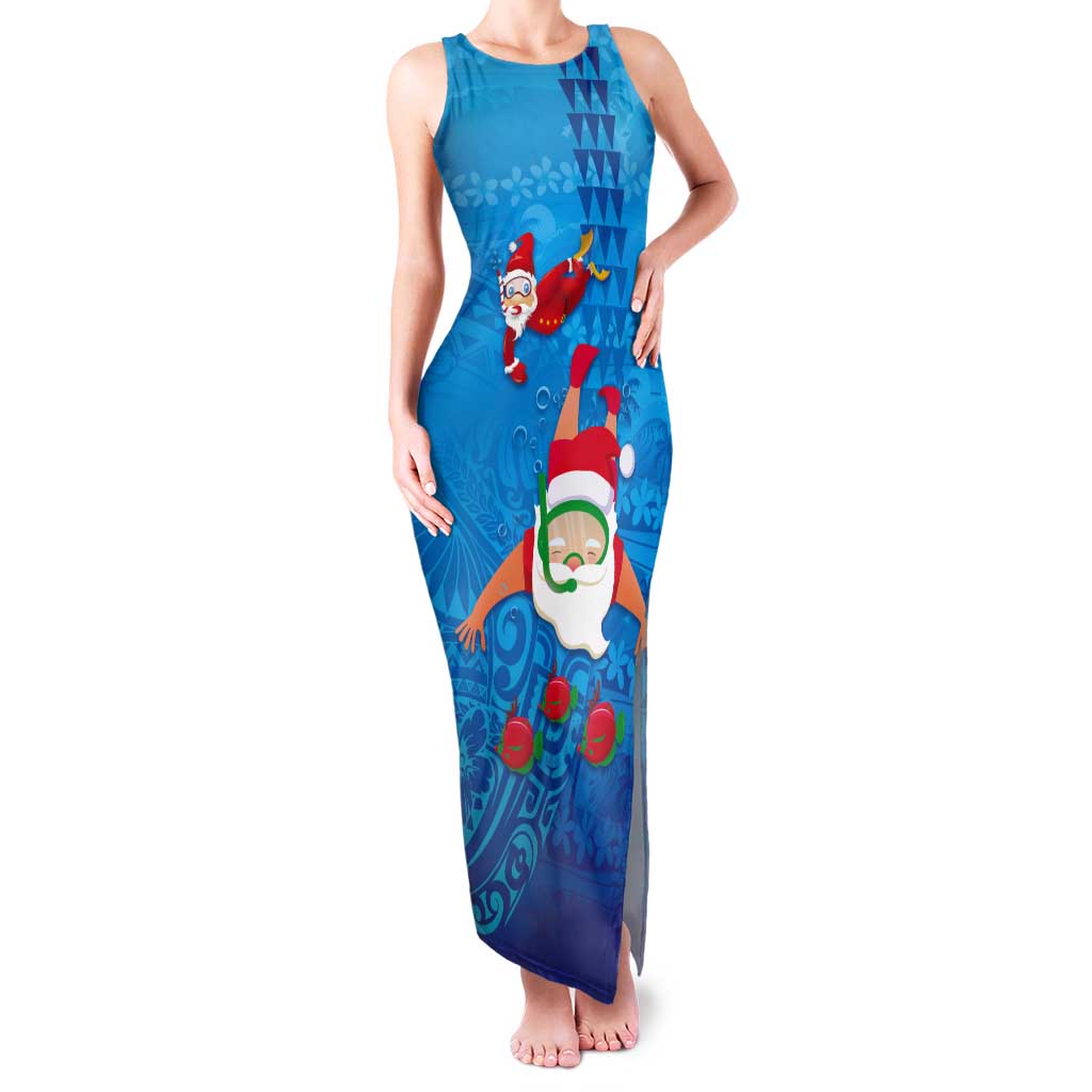 Hawaiian Santa Claus Snorkeling Tank Maxi Dress Kakau and Polynesian Pattern LT03 Women Blue - Polynesian Pride