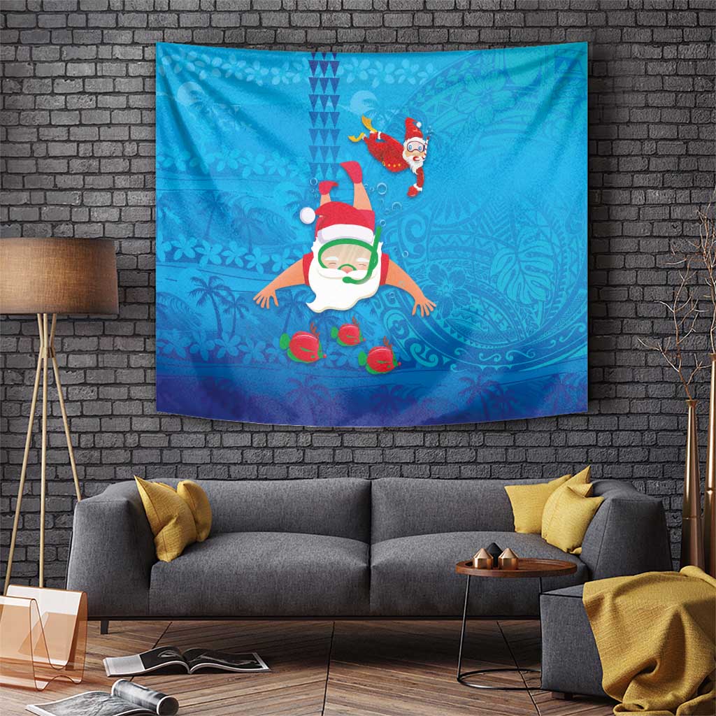 Hawaiian Santa Claus Snorkeling Tapestry Kakau and Polynesian Pattern