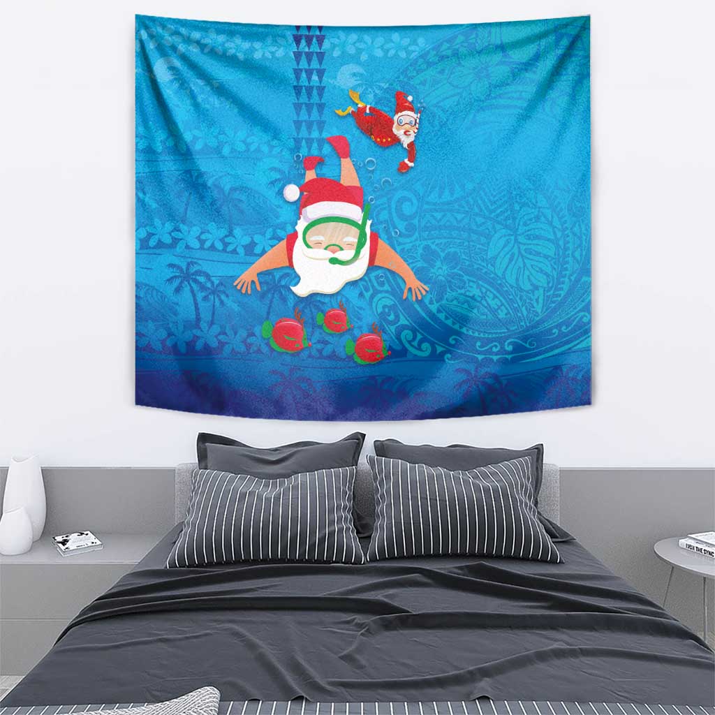 Hawaiian Santa Claus Snorkeling Tapestry Kakau and Polynesian Pattern