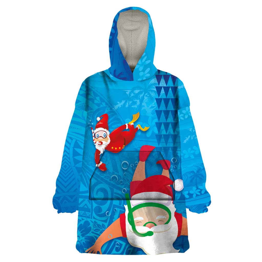 Hawaiian Santa Claus Snorkeling Wearable Blanket Hoodie Kakau and Polynesian Pattern LT03 One Size Blue - Polynesian Pride