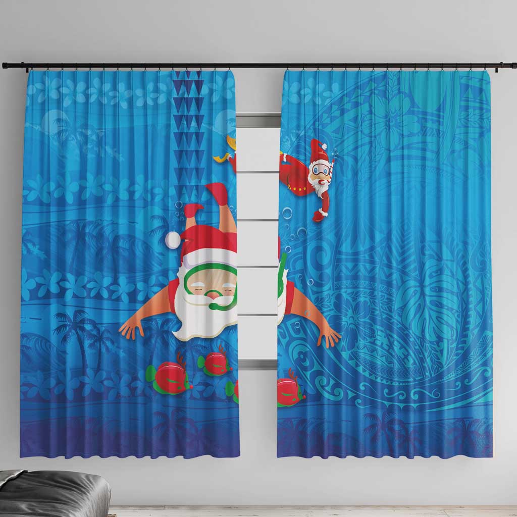 Hawaiian Santa Claus Snorkeling Window Curtain Kakau and Polynesian Pattern LT03 With Hooks Blue - Polynesian Pride