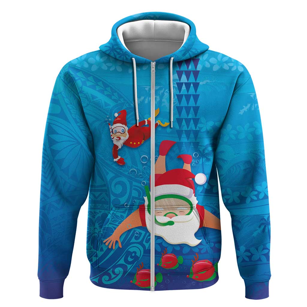 Hawaiian Santa Claus Snorkeling Zip Hoodie Kakau and Polynesian Pattern