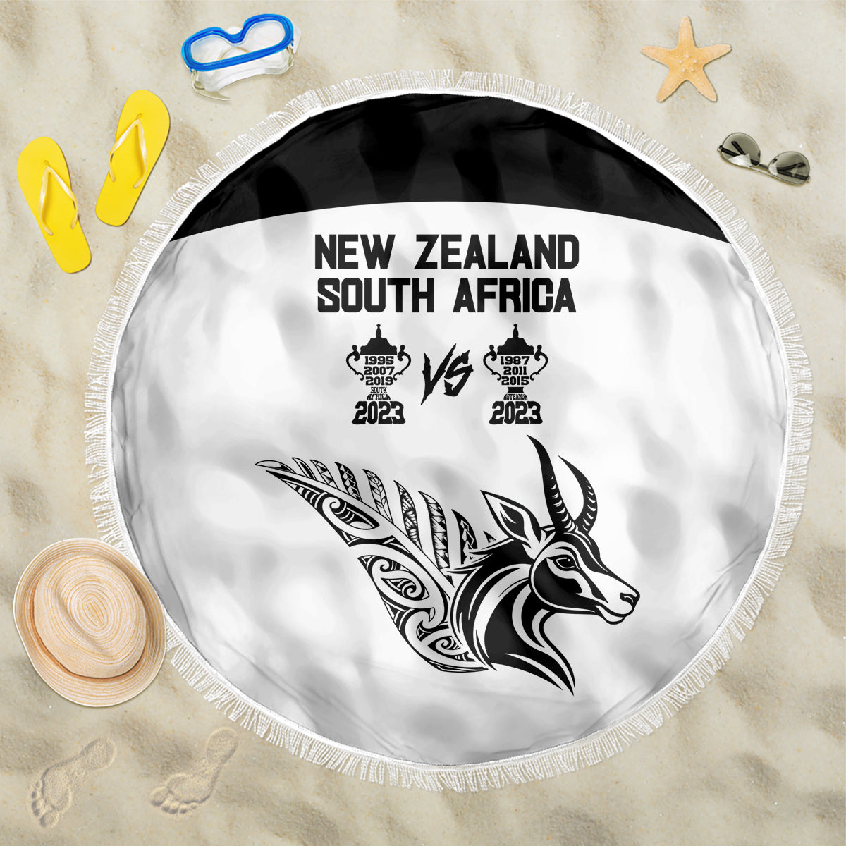 South Africa and New Zealand Beach Blanket Champion History Go Final 2023 Vintage Style LT03 One Size 150cm White - Polynesian Pride