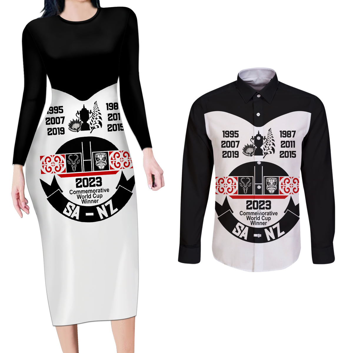 South Africa and New Zealand Couples Matching Long Sleeve Bodycon Dress and Long Sleeve Button Shirt Champion History Go Final 2023 Vintage Style LT03 White - Polynesian Pride