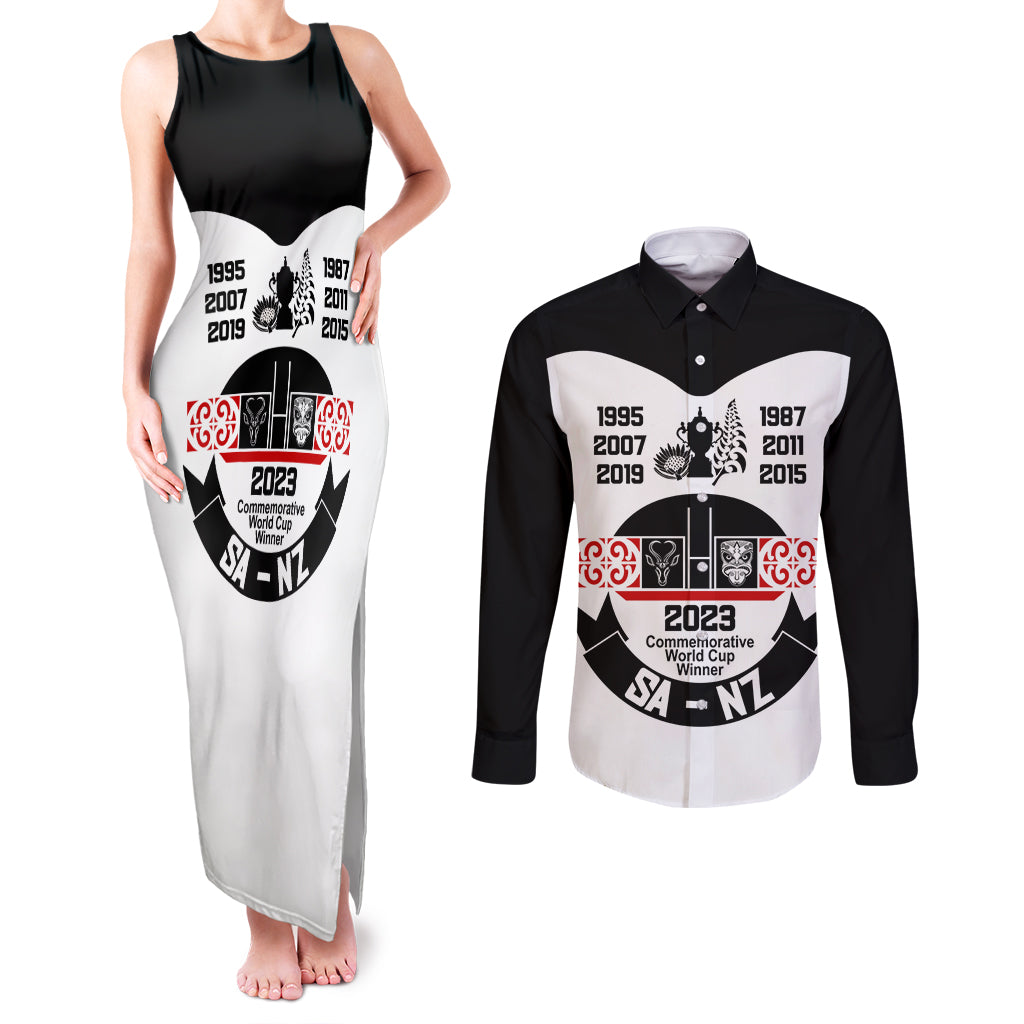 South Africa and New Zealand Couples Matching Tank Maxi Dress and Long Sleeve Button Shirt Champion History Go Final 2023 Vintage Style LT03 White - Polynesian Pride
