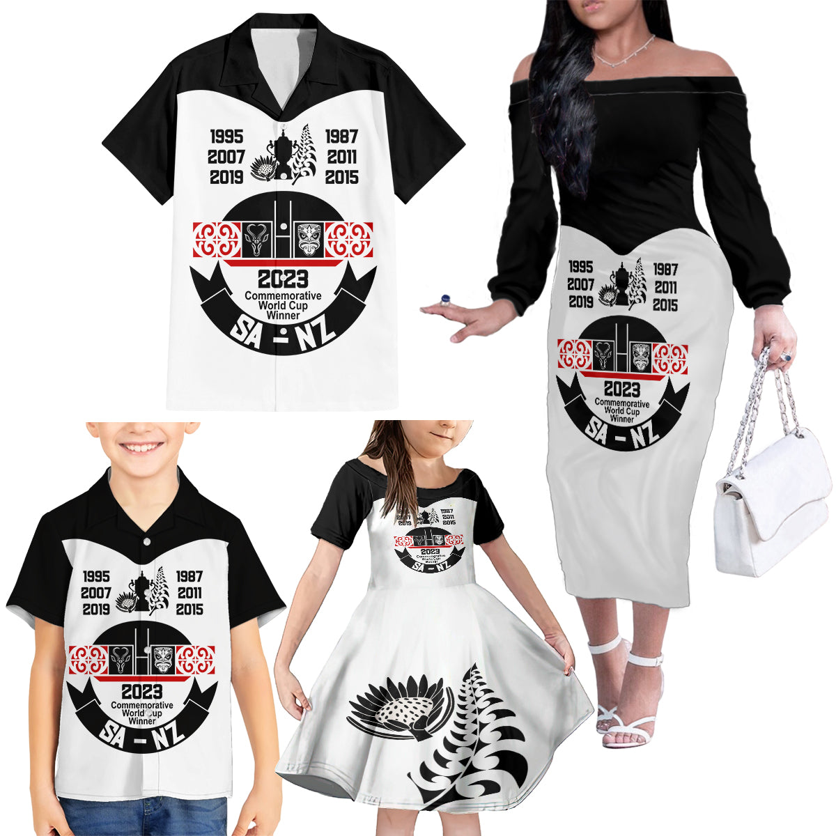 South Africa and New Zealand Family Matching Off Shoulder Long Sleeve Dress and Hawaiian Shirt Champion History Go Final 2023 Vintage Style LT03 - Polynesian Pride