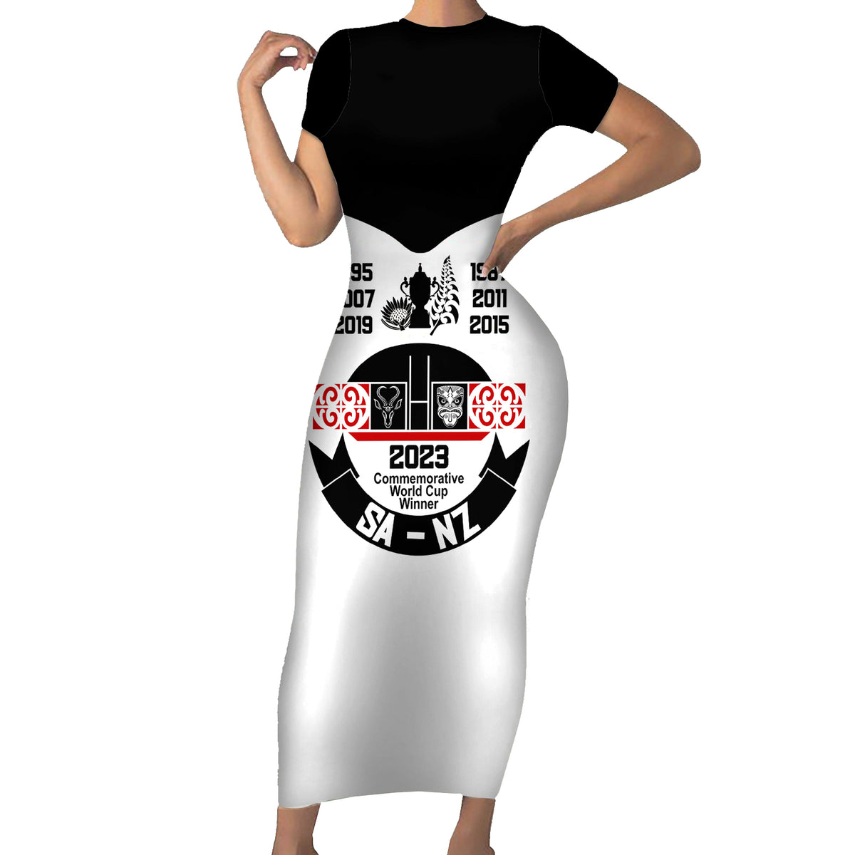 South Africa and New Zealand Family Matching Short Sleeve Bodycon Dress and Hawaiian Shirt Champion History Go Final 2023 Vintage Style LT03 Mom's Dress White - Polynesian Pride