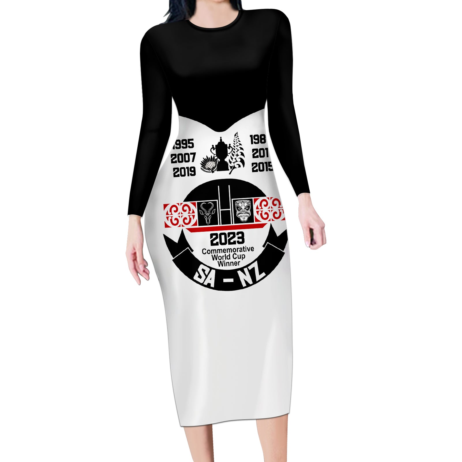 South Africa and New Zealand Long Sleeve Bodycon Dress Champion History Go Final 2023 Vintage Style LT03 Long Dress White - Polynesian Pride