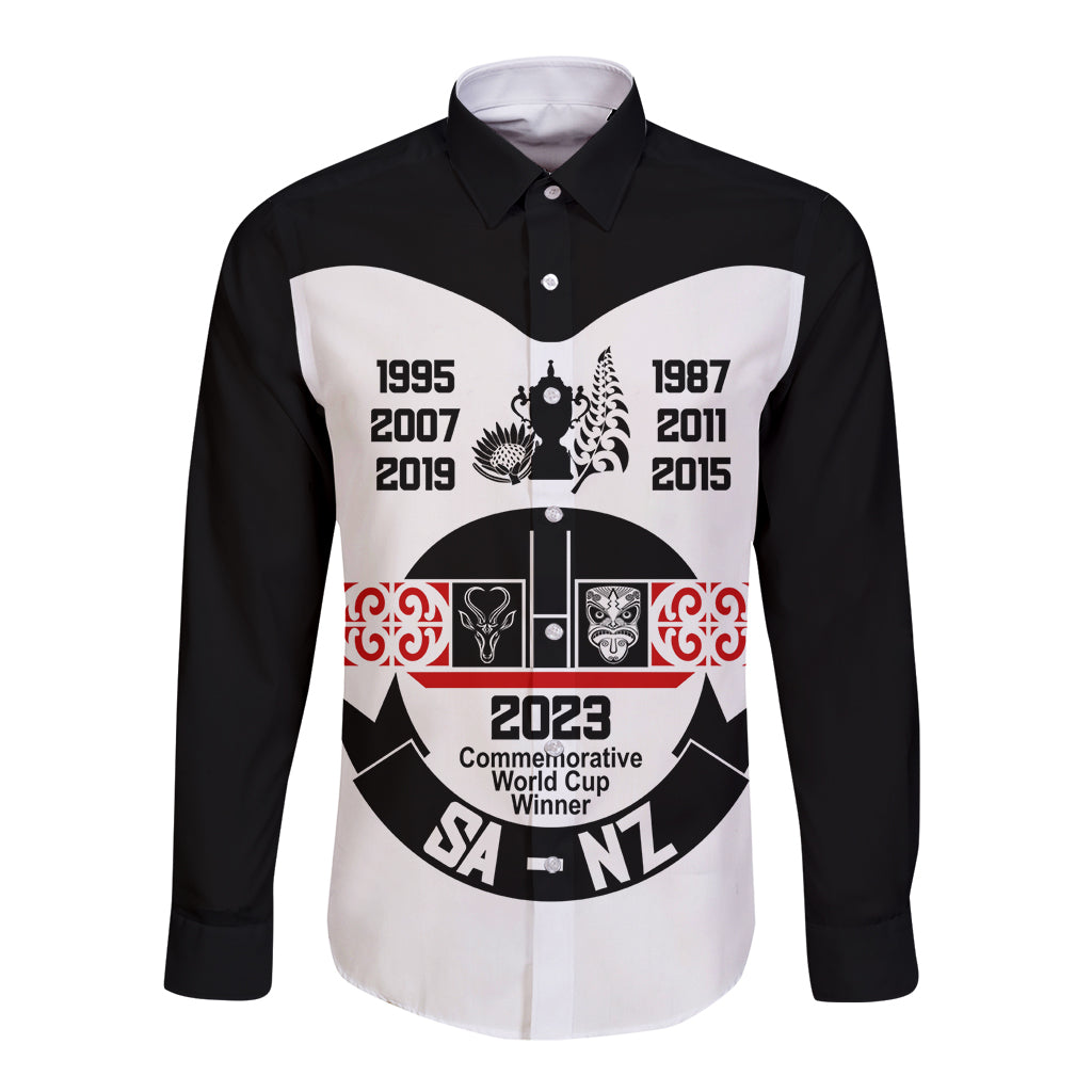 South Africa and New Zealand Long Sleeve Button Shirt Champion History Go Final 2023 Vintage Style LT03 Unisex White - Polynesian Pride