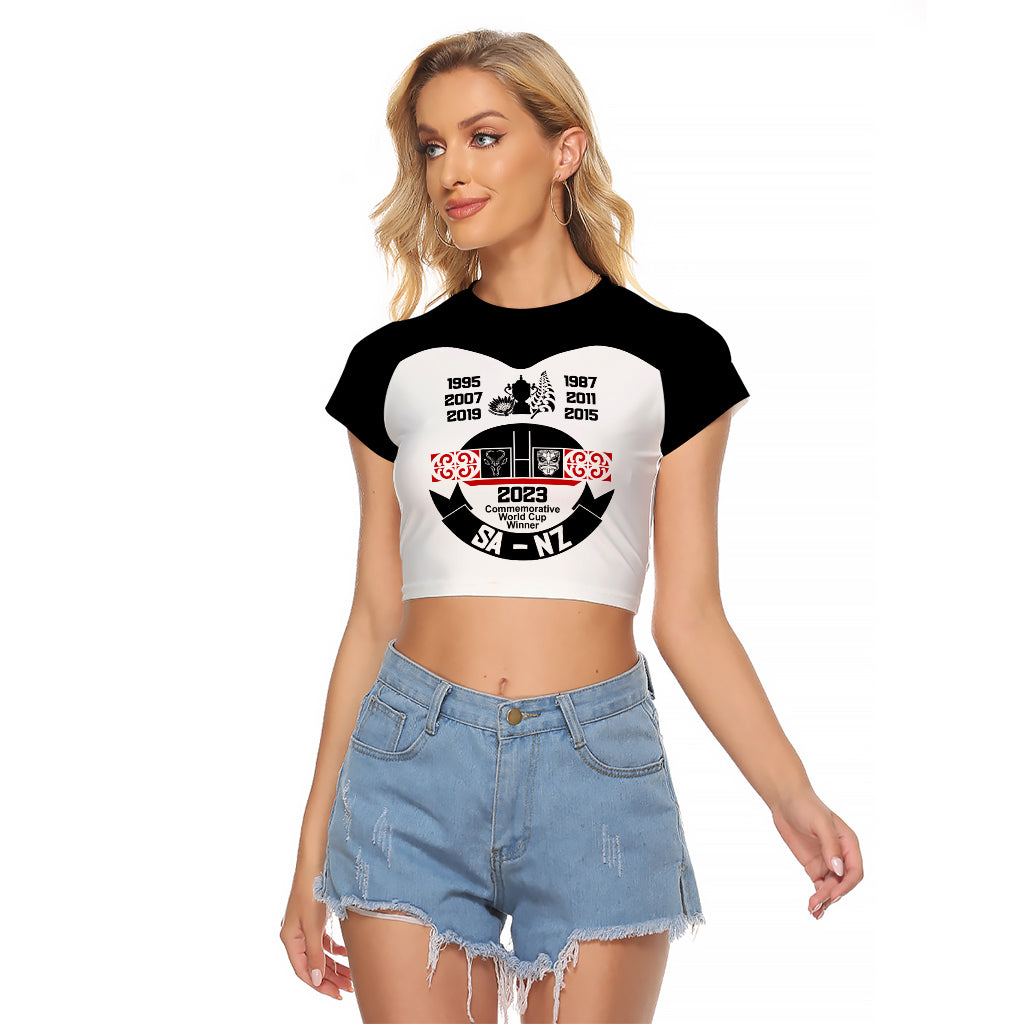 South Africa and New Zealand Raglan Cropped T Shirt Champion History Go Final 2023 Vintage Style LT03 Female White - Polynesian Pride