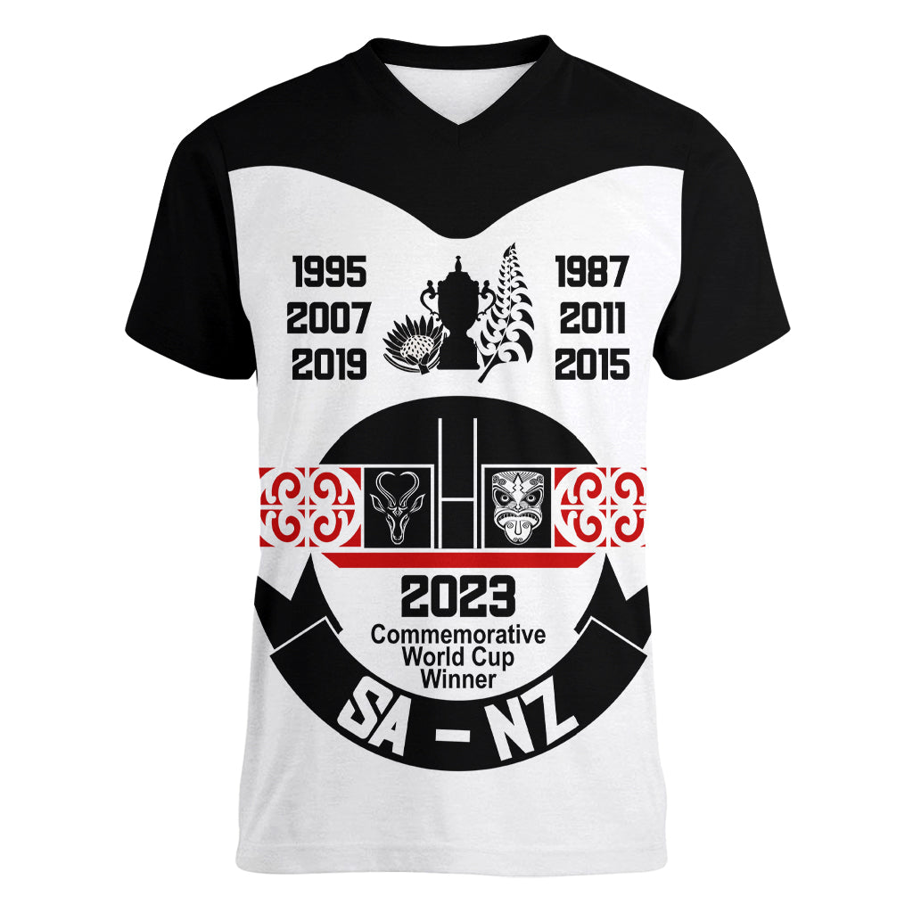 South Africa and New Zealand Women V Neck T Shirt Champion History Go Final 2023 Vintage Style LT03 Female White - Polynesian Pride