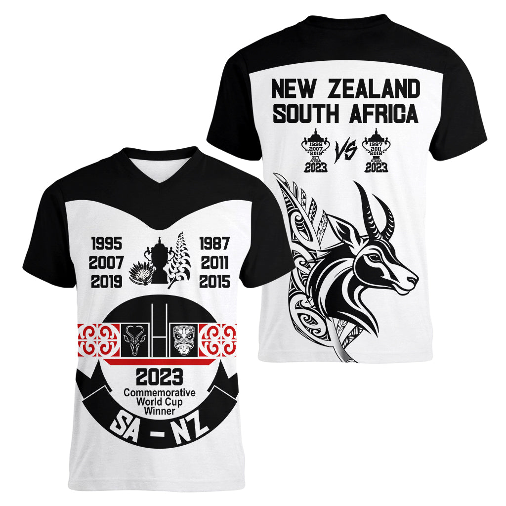 South Africa and New Zealand Women V Neck T Shirt Champion History Go Final 2023 Vintage Style LT03 - Polynesian Pride