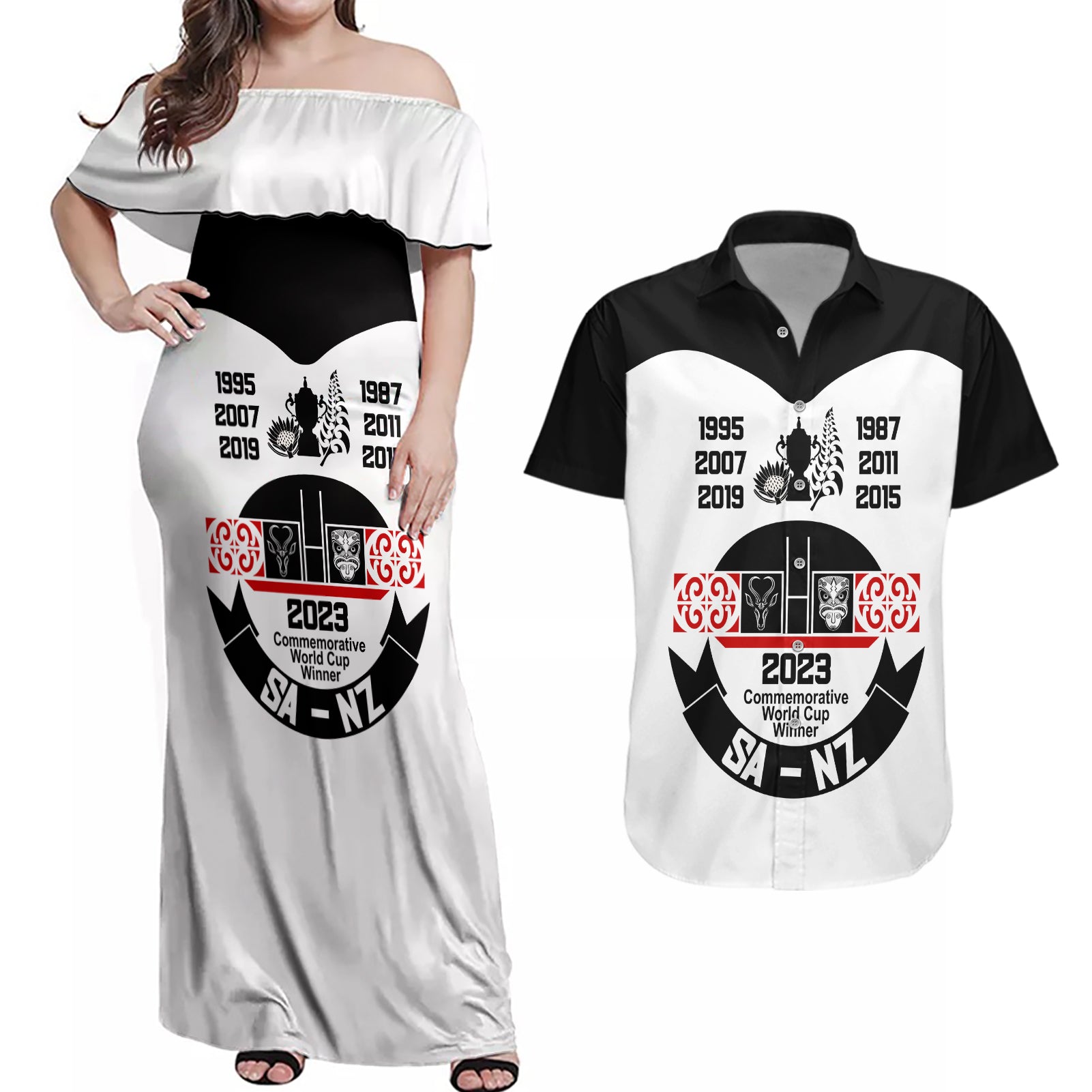Personalised South Africa and New Zealand Couples Matching Off Shoulder Maxi Dress and Hawaiian Shirt Champion History Go Final 2023 Vintage Style LT03 White - Polynesian Pride