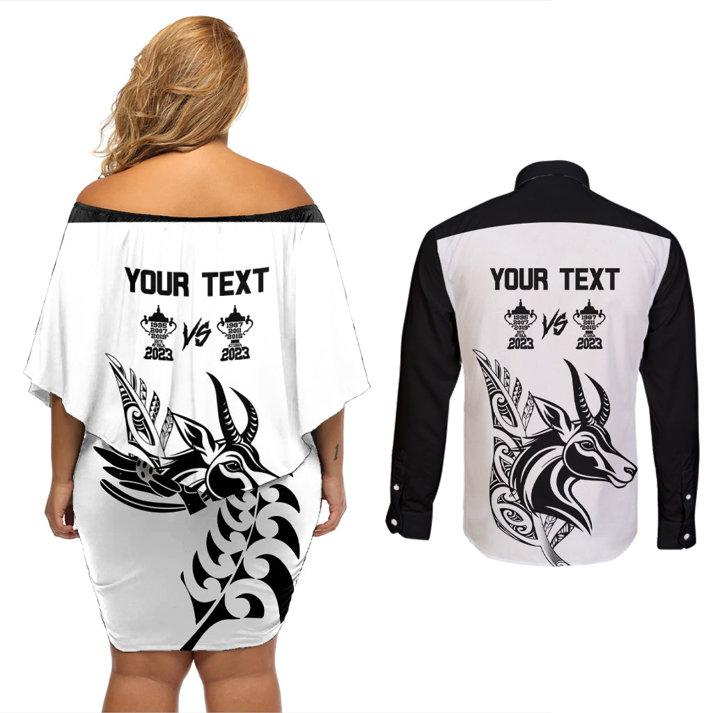 Personalised South Africa and New Zealand Couples Matching Off Shoulder Short Dress and Long Sleeve Button Shirt Champion History Go Final 2023 Vintage Style LT03 - Polynesian Pride