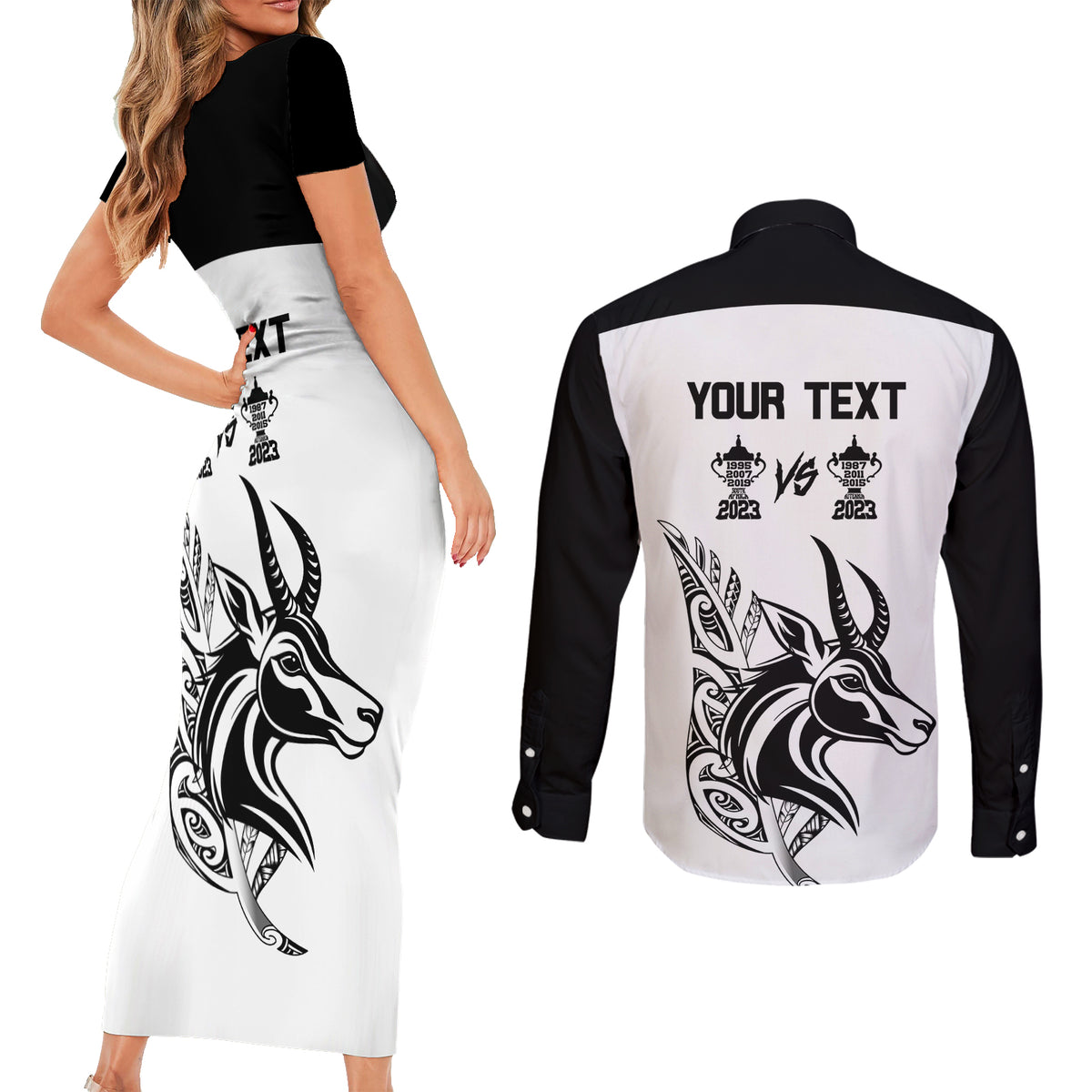 Personalised South Africa and New Zealand Couples Matching Short Sleeve Bodycon Dress and Long Sleeve Button Shirt Champion History Go Final 2023 Vintage Style LT03 - Polynesian Pride