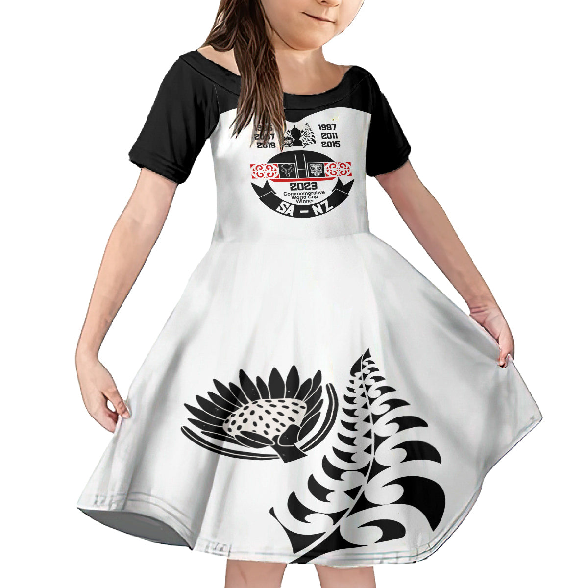 Personalised South Africa and New Zealand Kid Short Sleeve Dress Champion History Go Final 2023 Vintage Style LT03 KID White - Polynesian Pride