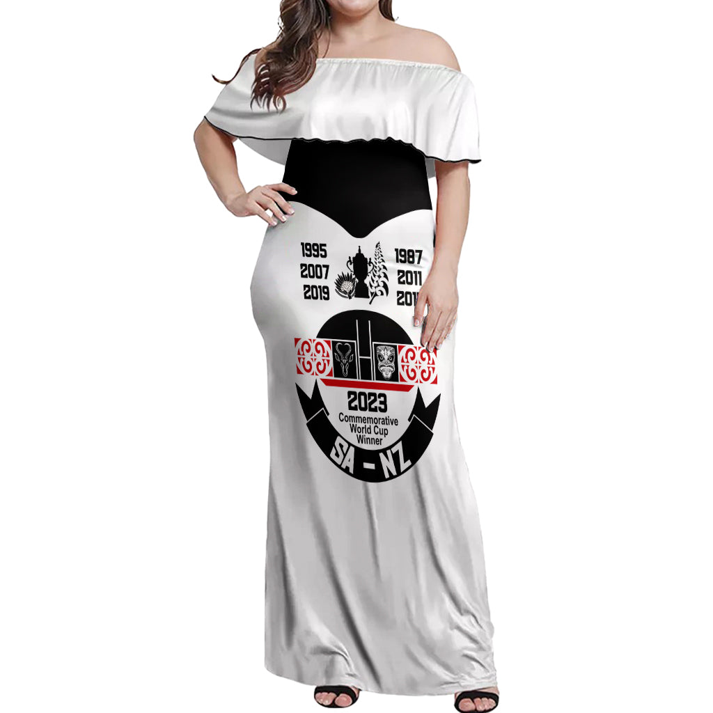 Personalised South Africa and New Zealand Off Shoulder Maxi Dress Champion History Go Final 2023 Vintage Style LT03 Women White - Polynesian Pride