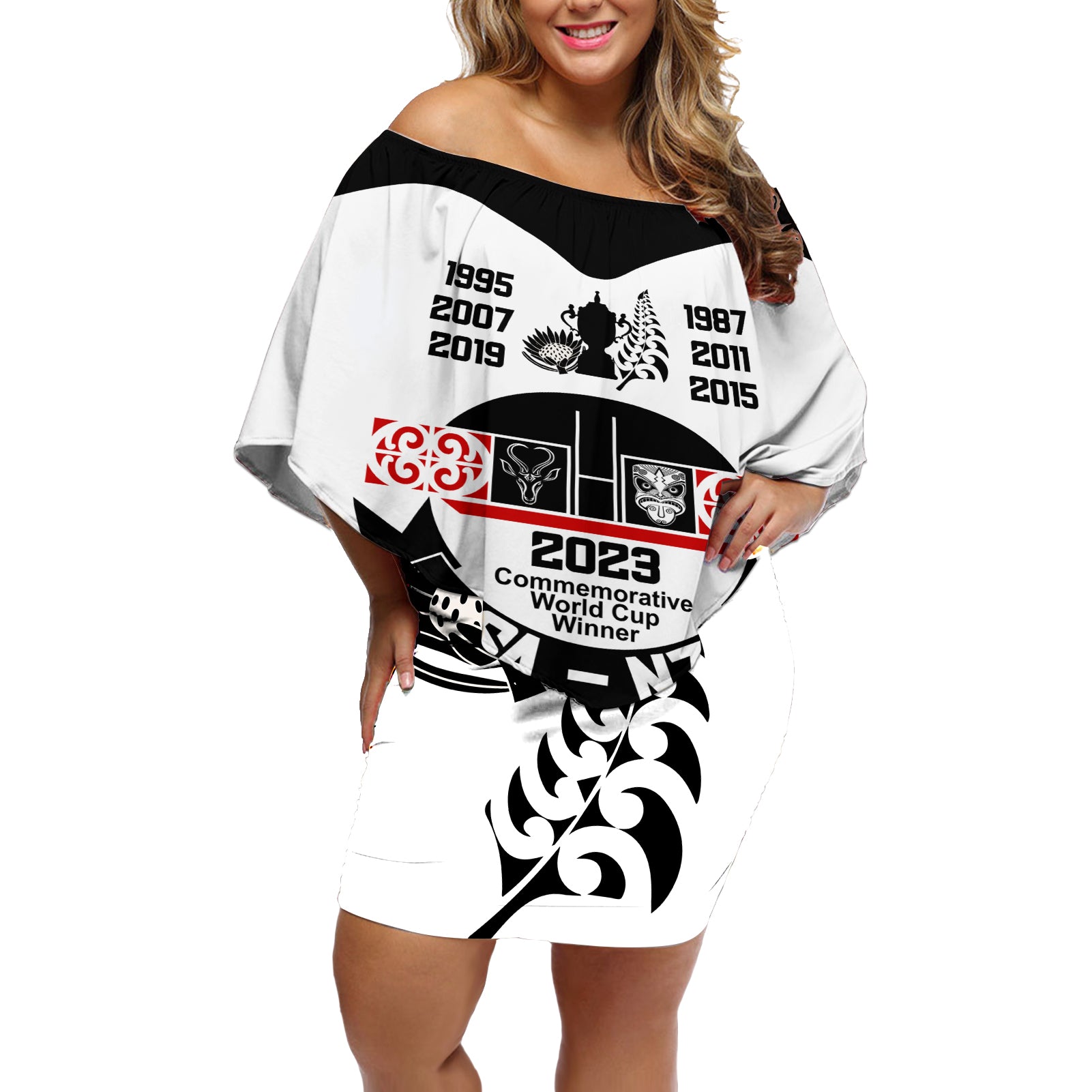 Personalised South Africa and New Zealand Off Shoulder Short Dress Champion History Go Final 2023 Vintage Style LT03 Women White - Polynesian Pride