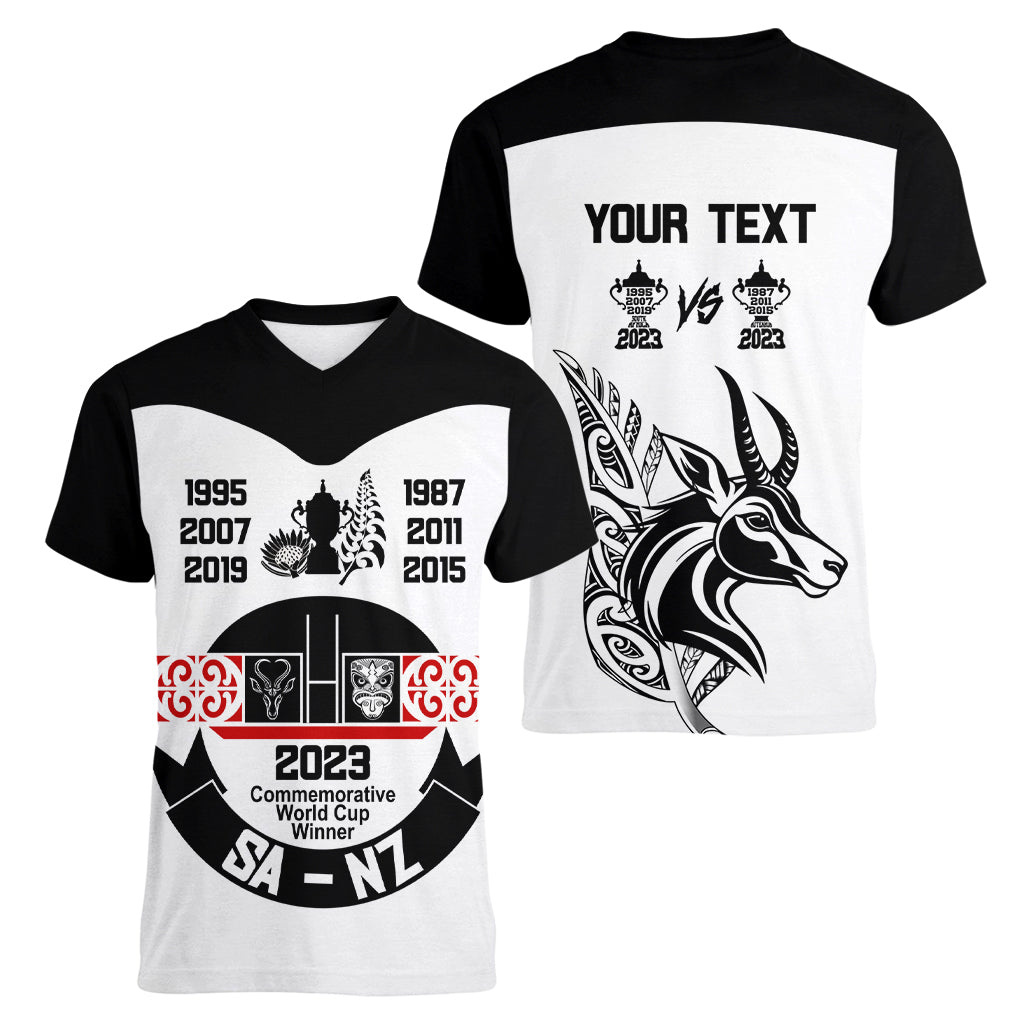 Personalised South Africa and New Zealand Women V Neck T Shirt Champion History Go Final 2023 Vintage Style LT03 - Polynesian Pride