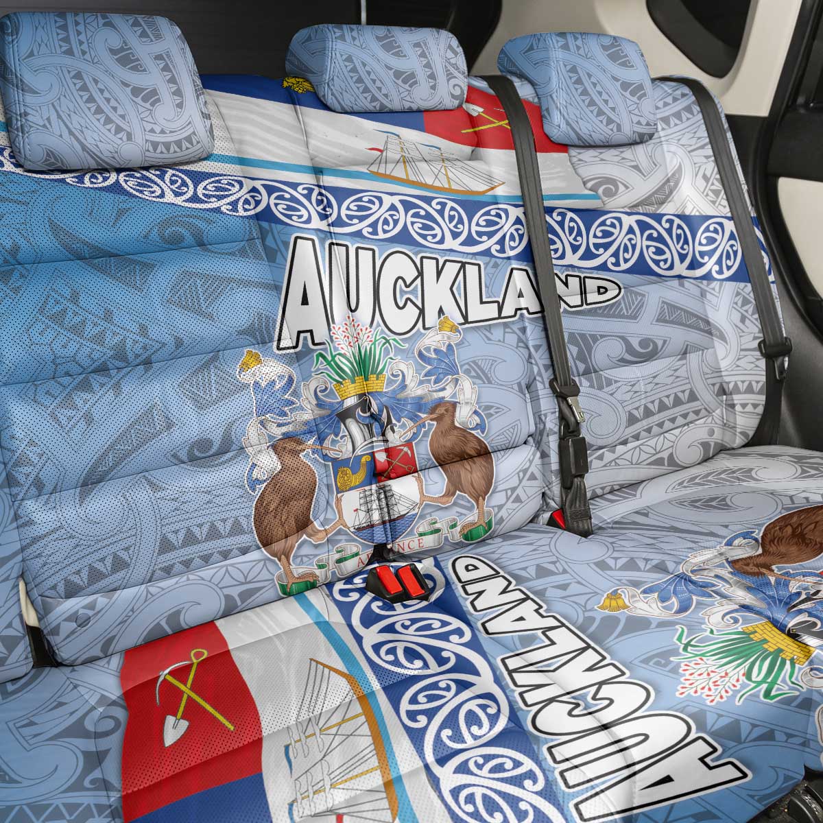 New Zealand Auckland Back Car Seat Cover Auckland's Flag and Coat of Arms - Koru Art Maori Pattern