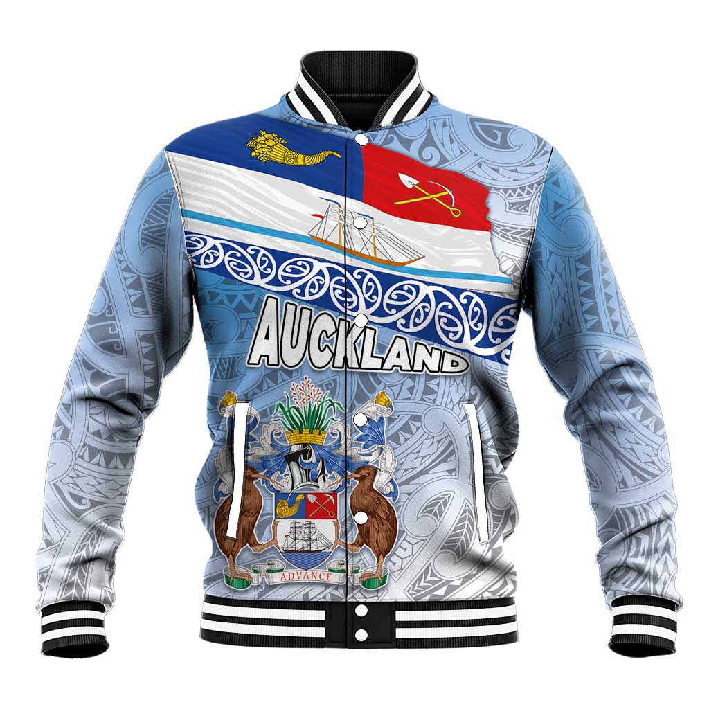 New Zealand Auckland Baseball Jacket Auckland's Flag and Coat of Arms - Koru Art Maori Pattern LT03 Unisex Light Blue - Polynesian Pride