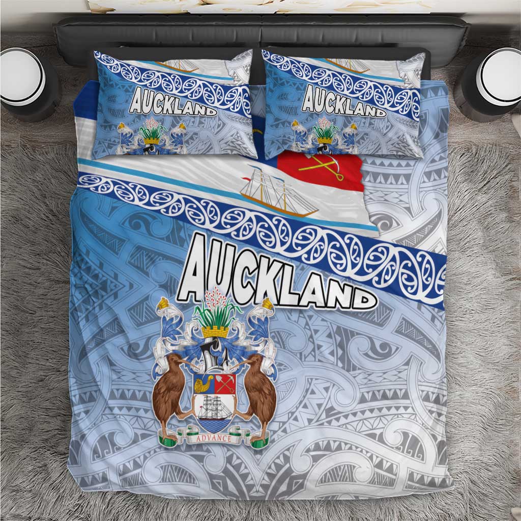 New Zealand Auckland Bedding Set Auckland's Flag and Coat of Arms - Koru Art Maori Pattern