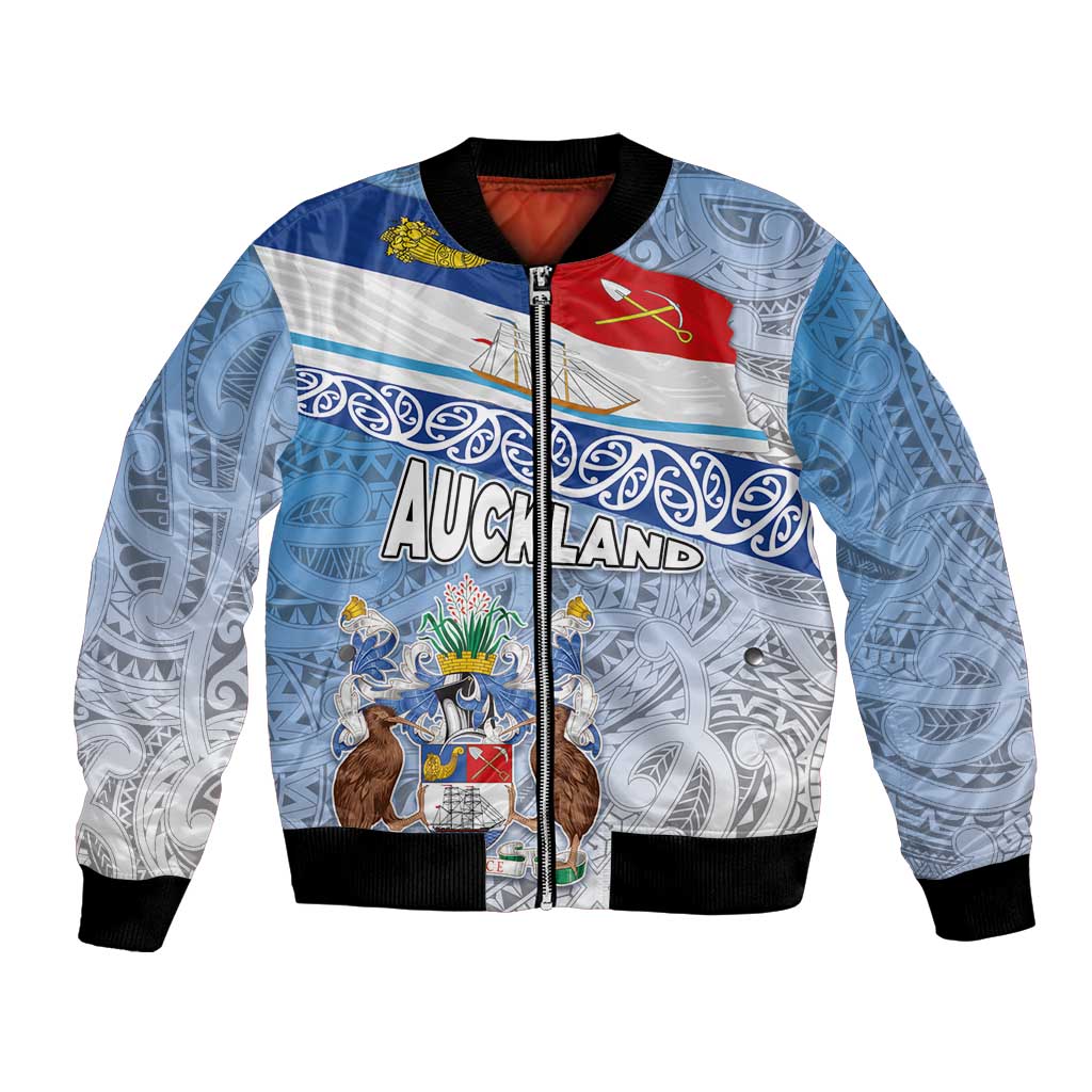 New Zealand Auckland Bomber Jacket Auckland's Flag and Coat of Arms - Koru Art Maori Pattern