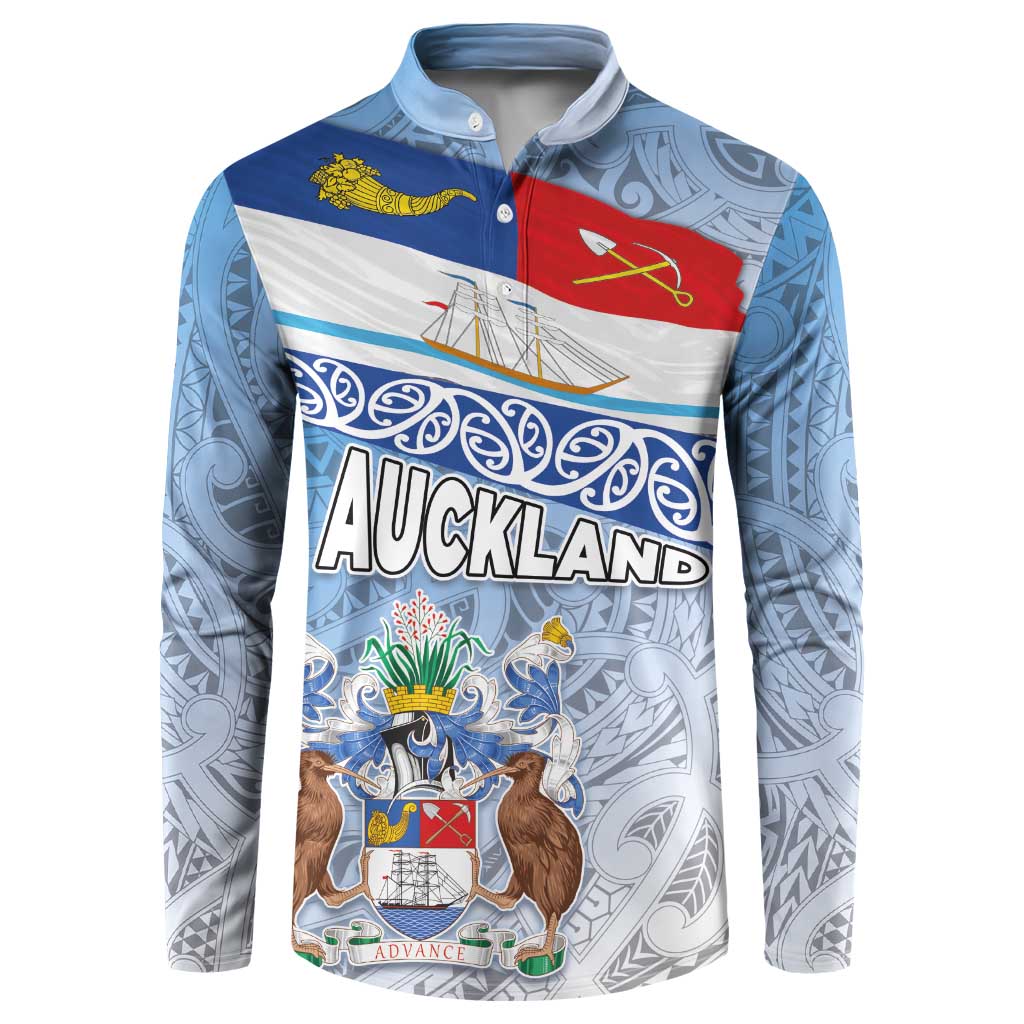 New Zealand Auckland Button Sweatshirt Auckland's Flag and Coat of Arms - Koru Art Maori Pattern LT03 Light Blue - Polynesian Pride