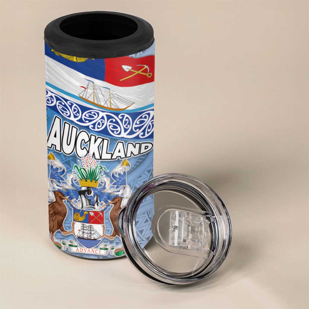 New Zealand Auckland 4 in 1 Can Cooler Tumbler Auckland's Flag and Coat of Arms - Koru Art Maori Pattern