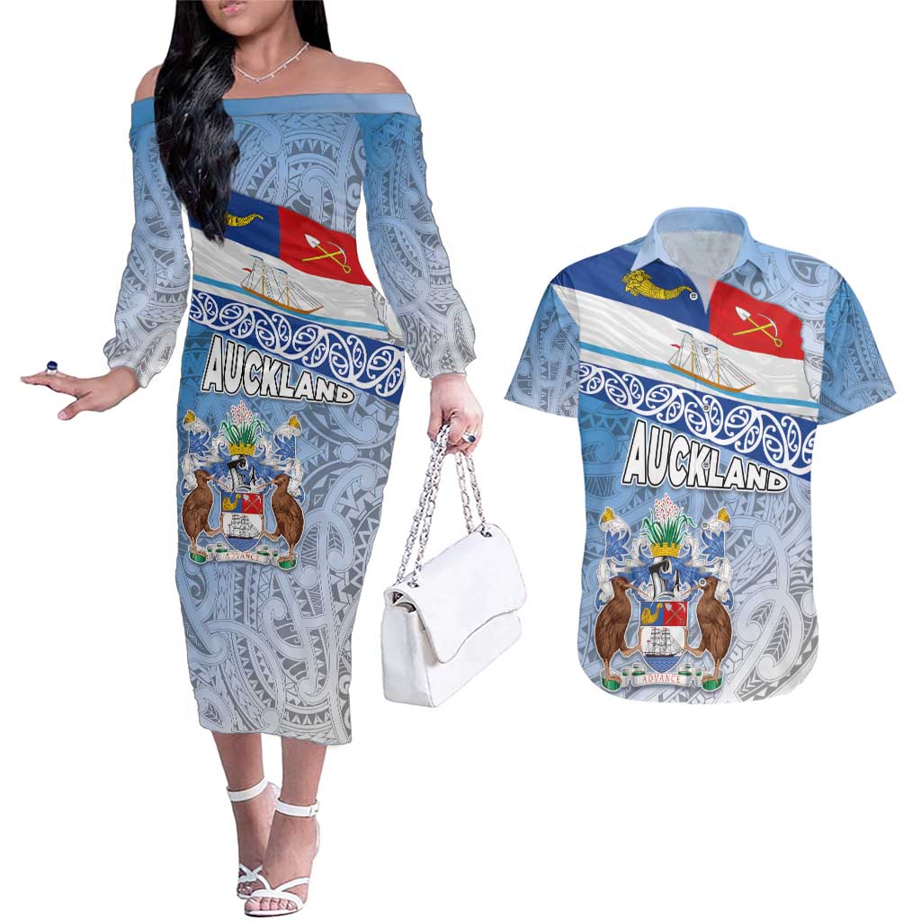 New Zealand Auckland Couples Matching Off The Shoulder Long Sleeve Dress and Hawaiian Shirt Auckland's Flag and Coat of Arms - Koru Art Maori Pattern