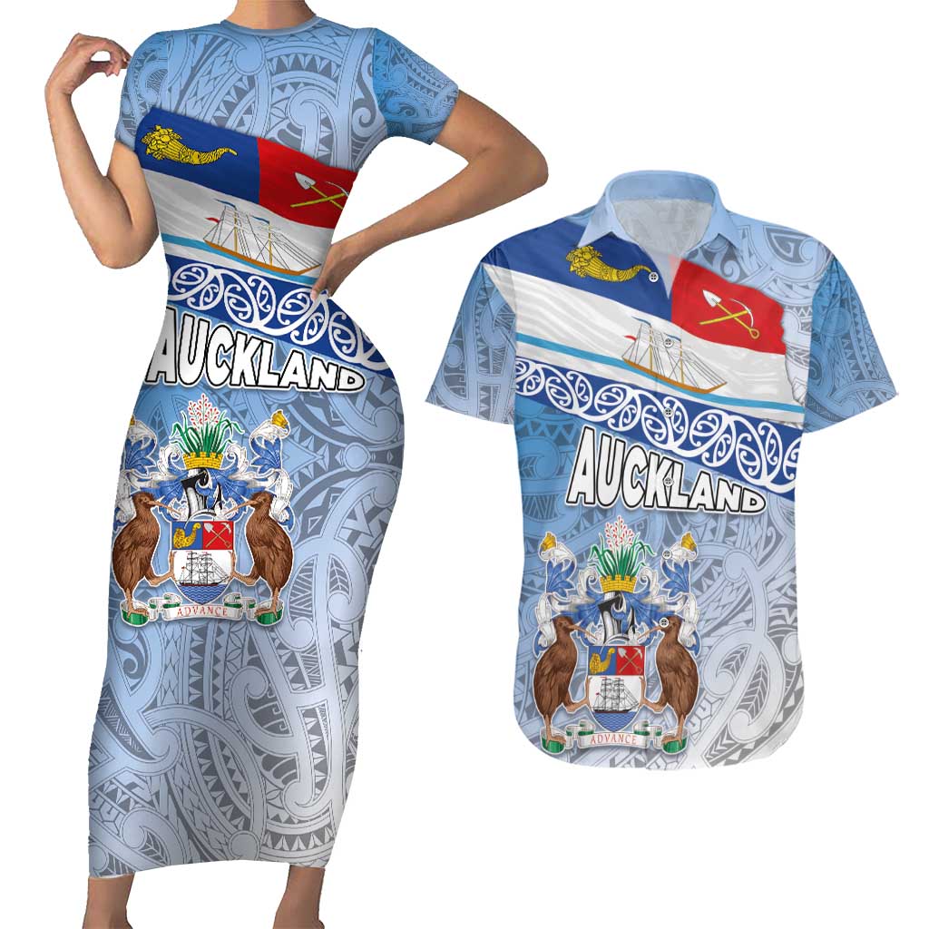 New Zealand Auckland Couples Matching Short Sleeve Bodycon Dress and Hawaiian Shirt Auckland's Flag and Coat of Arms - Koru Art Maori Pattern