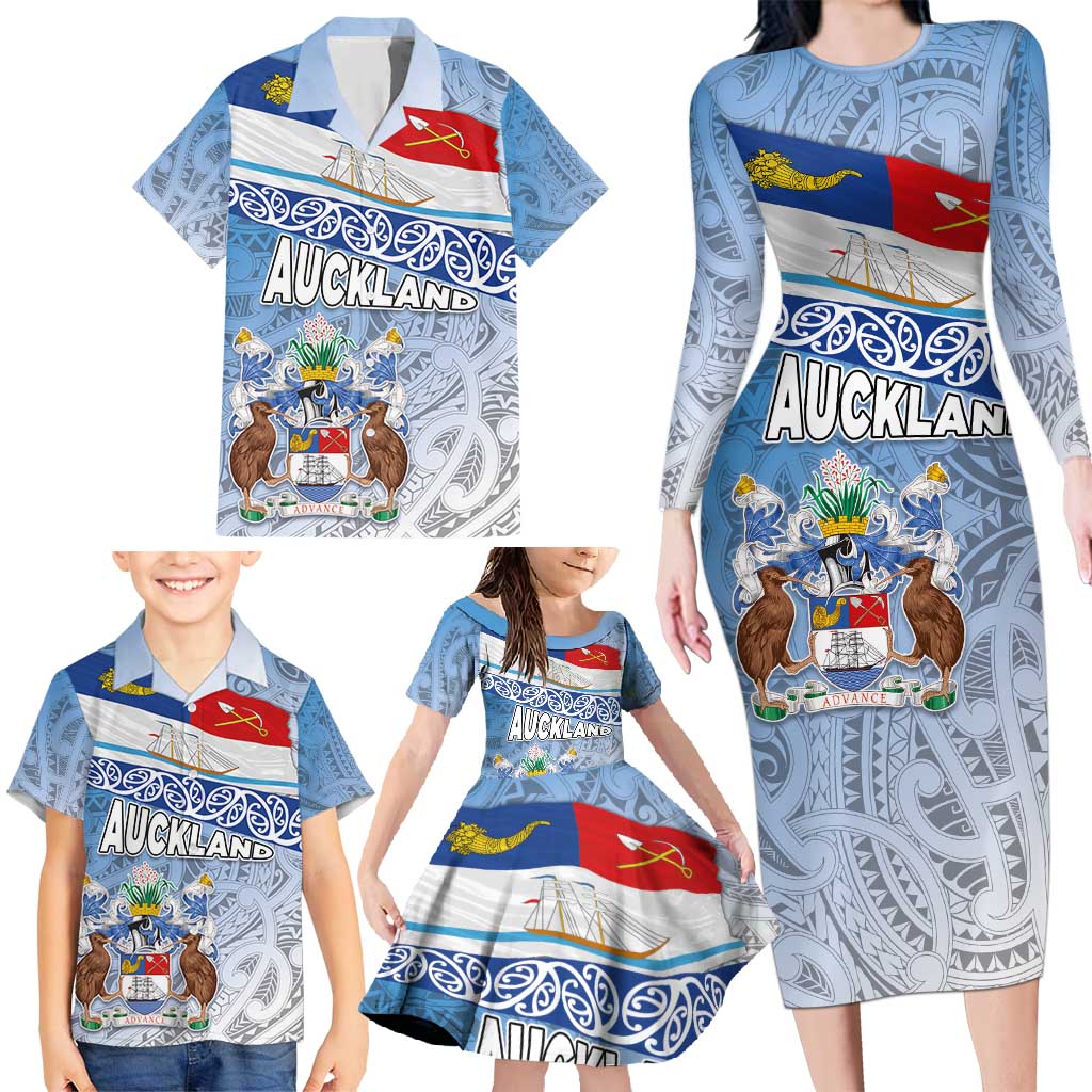 New Zealand Auckland Family Matching Long Sleeve Bodycon Dress and Hawaiian Shirt Auckland's Flag and Coat of Arms - Koru Art Maori Pattern