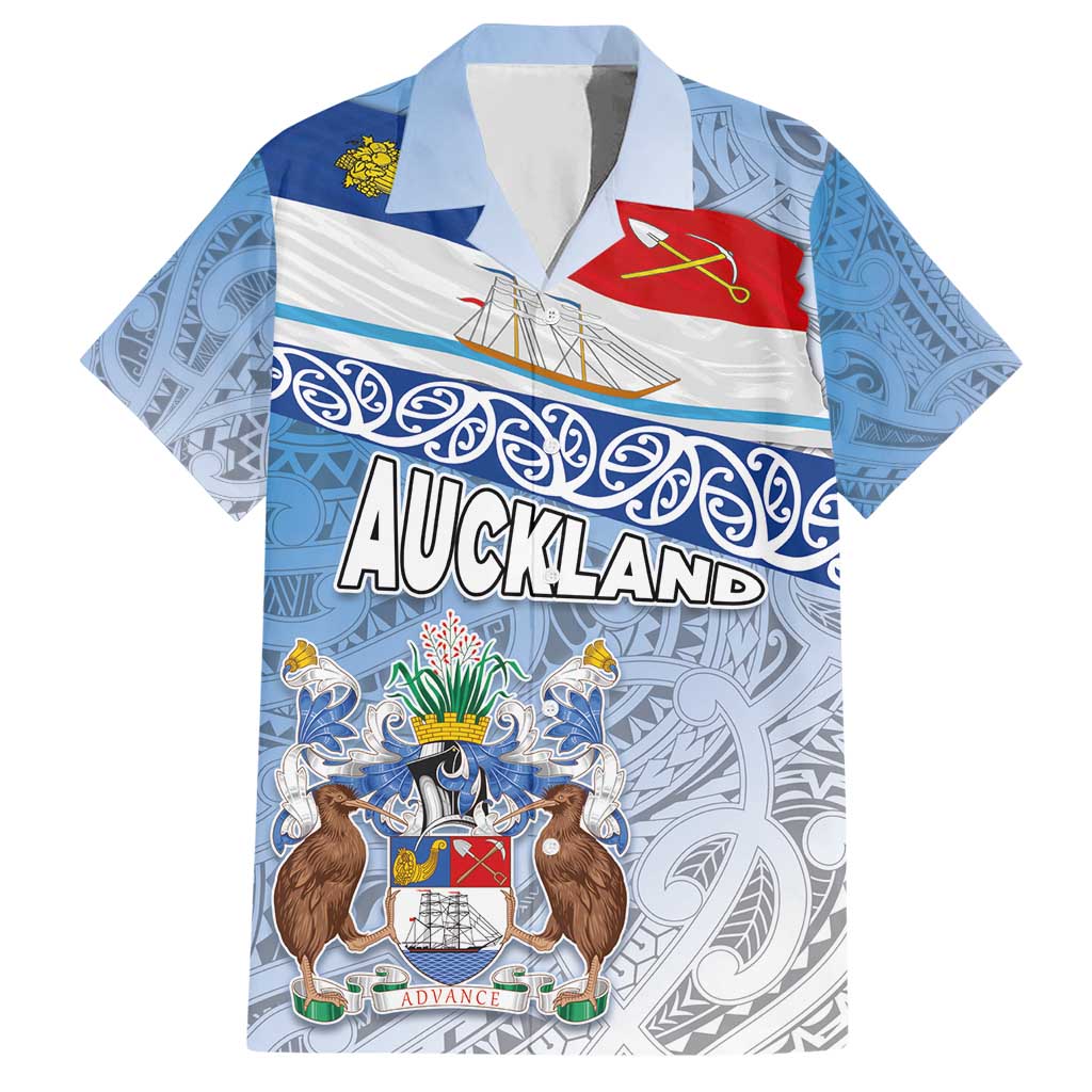 New Zealand Auckland Hawaiian Shirt Auckland's Flag and Coat of Arms - Koru Art Maori Pattern LT03 Light Blue - Polynesian Pride