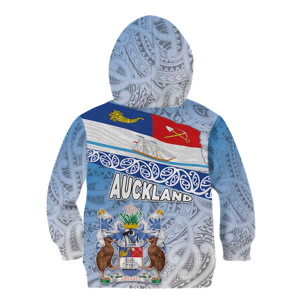 New Zealand Auckland Kid Hoodie Auckland's Flag and Coat of Arms - Koru Art Maori Pattern