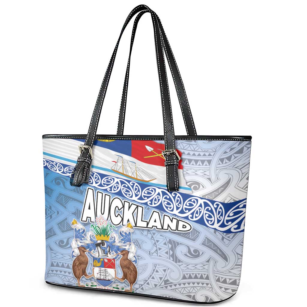 New Zealand Auckland Leather Tote Bag Auckland's Flag and Coat of Arms - Koru Art Maori Pattern