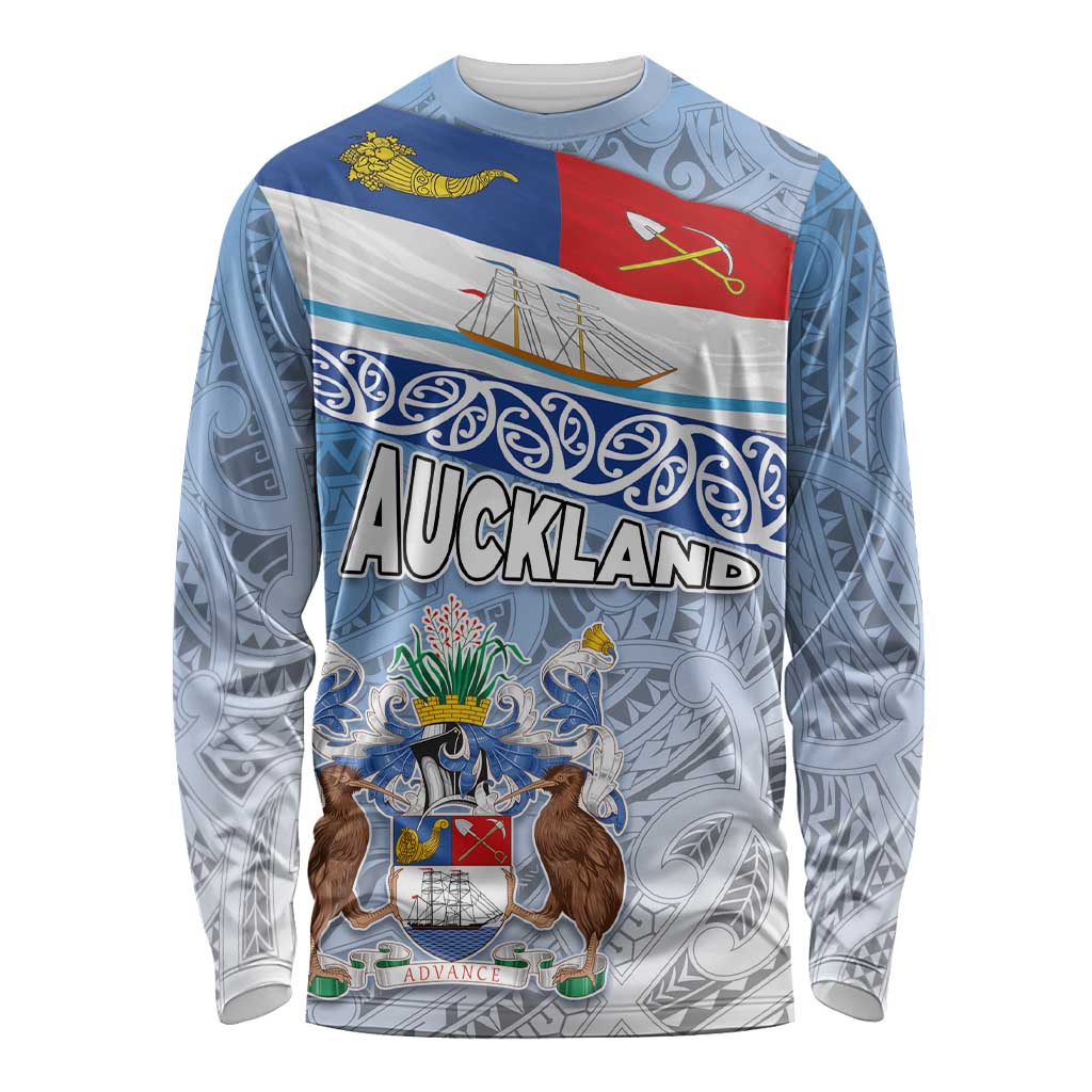 New Zealand Auckland Long Sleeve Shirt Auckland's Flag and Coat of Arms - Koru Art Maori Pattern