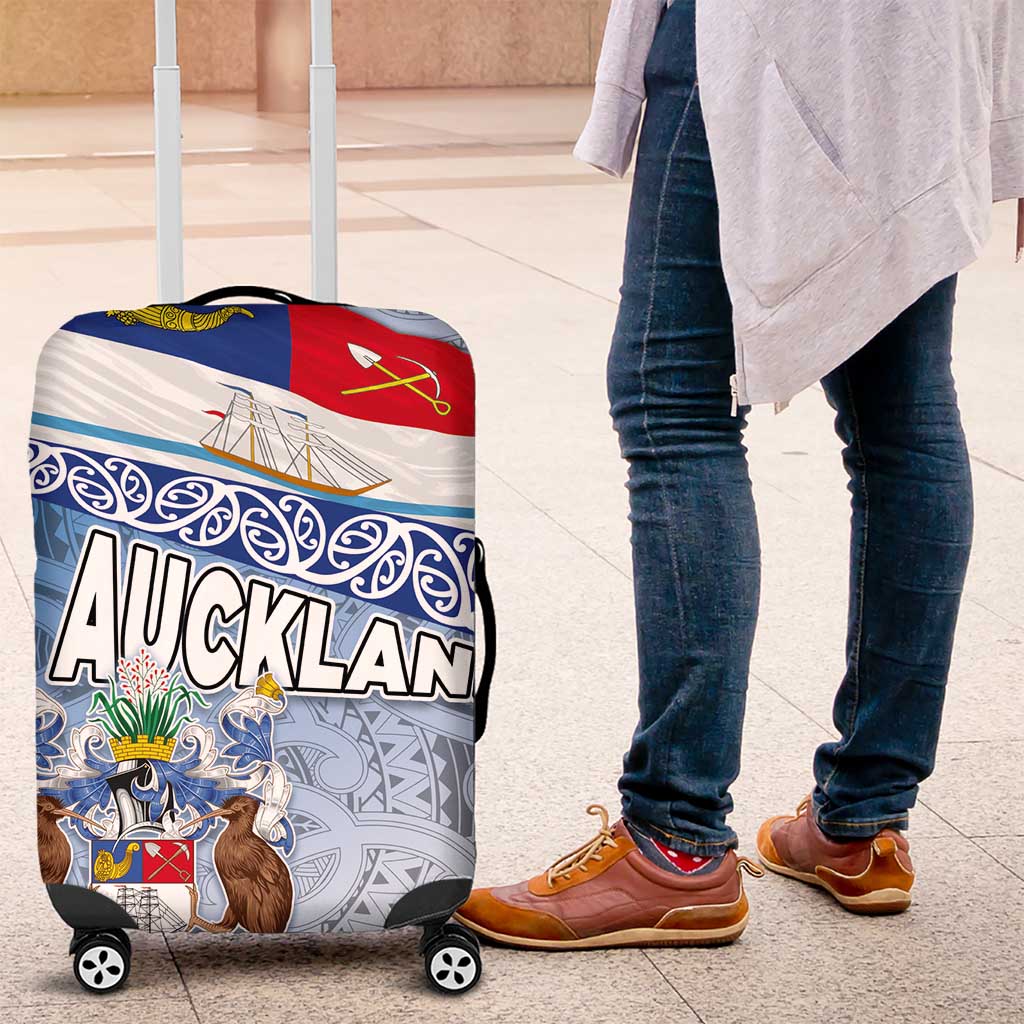 New Zealand Auckland Luggage Cover Auckland's Flag and Coat of Arms - Koru Art Maori Pattern