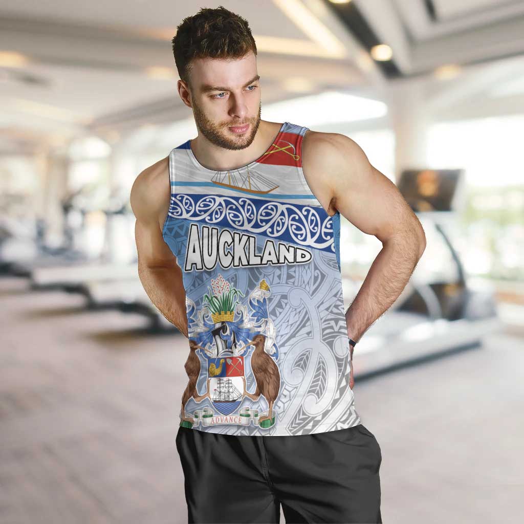 New Zealand Auckland Men Tank Top Auckland's Flag and Coat of Arms - Koru Art Maori Pattern