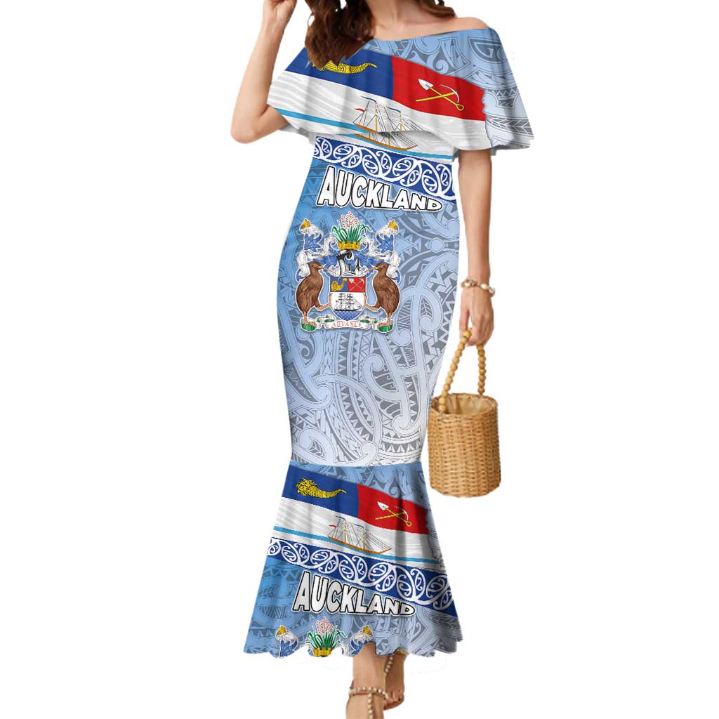 New Zealand Auckland Mermaid Dress Auckland's Flag and Coat of Arms - Koru Art Maori Pattern