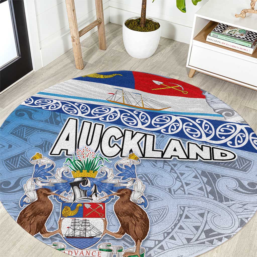 New Zealand Auckland Round Carpet Auckland's Flag and Coat of Arms - Koru Art Maori Pattern