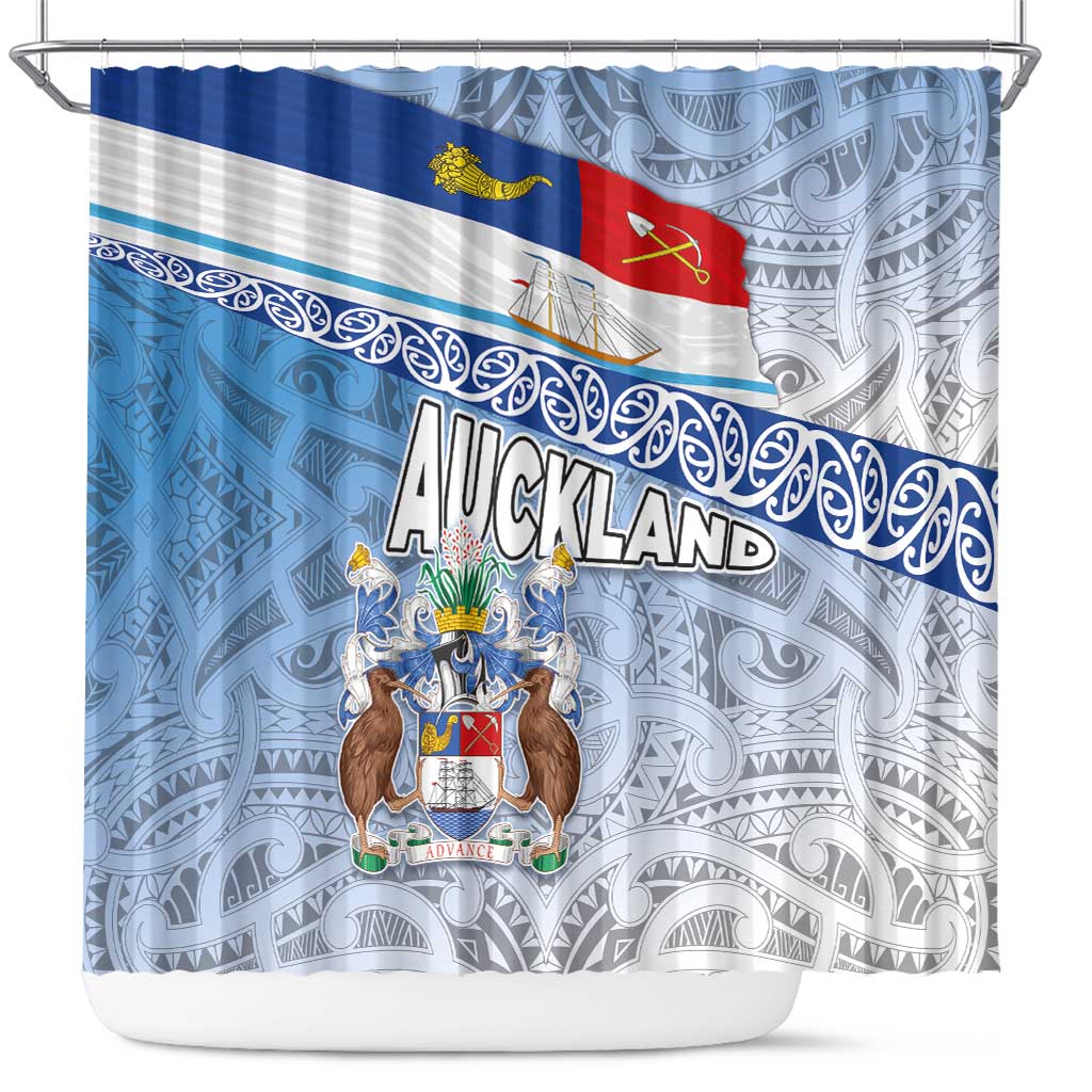 New Zealand Auckland Shower Curtain Auckland's Flag and Coat of Arms - Koru Art Maori Pattern