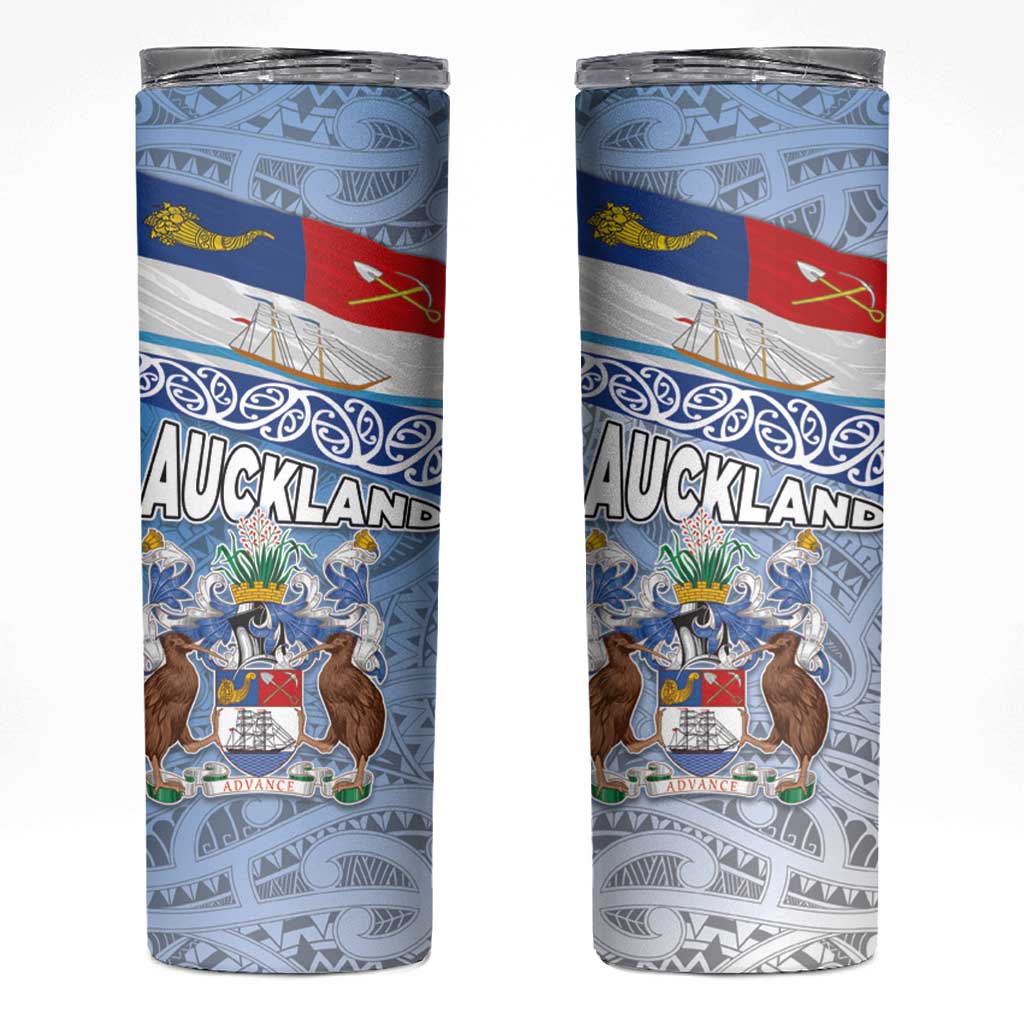 New Zealand Auckland Skinny Tumbler Auckland's Flag and Coat of Arms - Koru Art Maori Pattern