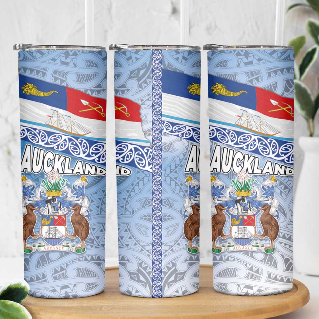 New Zealand Auckland Skinny Tumbler Auckland's Flag and Coat of Arms - Koru Art Maori Pattern