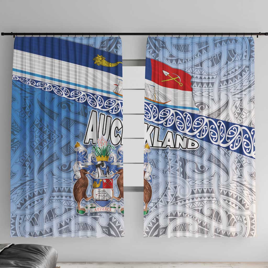 New Zealand Auckland Window Curtain Auckland's Flag and Coat of Arms - Koru Art Maori Pattern