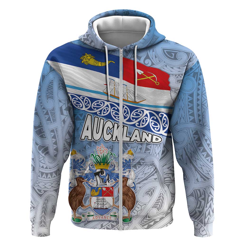 New Zealand Auckland Zip Hoodie Auckland's Flag and Coat of Arms - Koru Art Maori Pattern