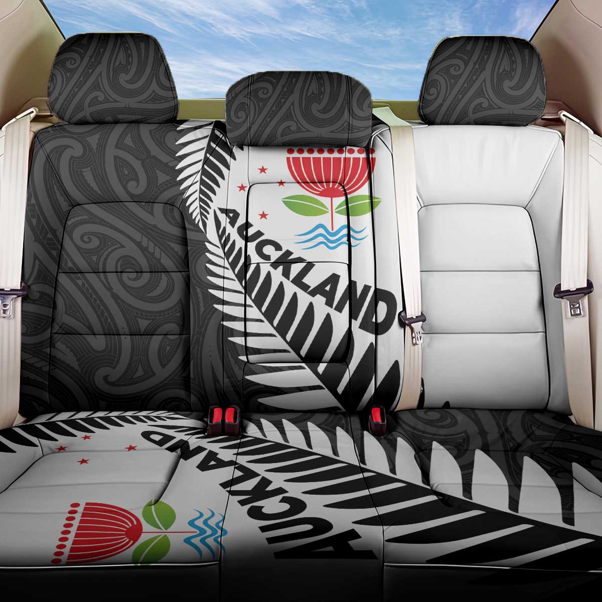 New Zealand Auckland Back Car Seat Cover Auckland's Emblem and Silver Ferns - Maori Art Tattoo